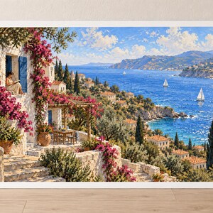 May include: A landscape painting depicting a Mediterranean coastal scene with a white stone villa, blue shutters, and vibrant pink bougainvillea. A person sits in a window reading, while sailboats drift on the bright blue sea near a hillside town.