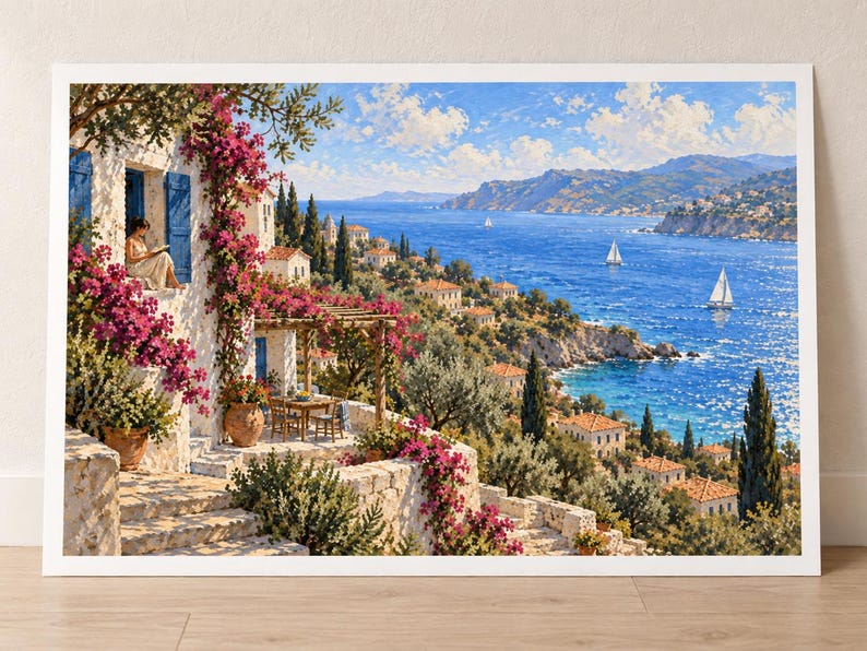 May include: A landscape painting depicting a Mediterranean coastal scene with a white stone villa, blue shutters, and vibrant pink bougainvillea. A person sits in a window reading, while sailboats drift on the bright blue sea near a hillside town.