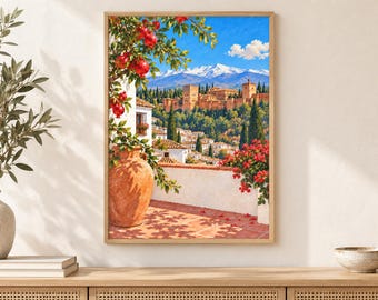 Granada Alhambra Wall Art, Sunny Terrace and Sierra Nevada, A3 Printable Spain Digital Download