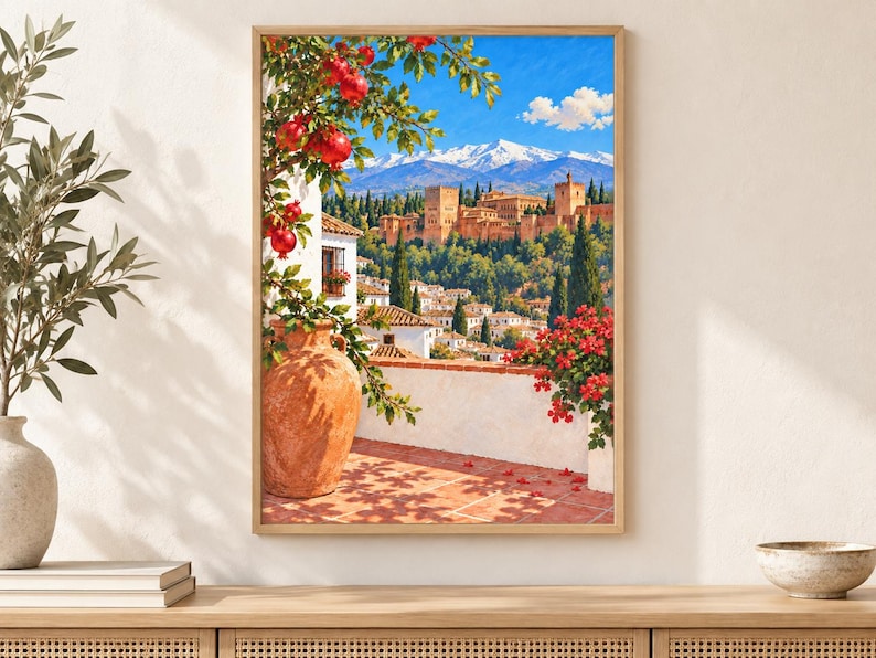 May include: A framed wall art print depicting a Mediterranean terrace with a large terracotta vase, a pomegranate tree with red fruit, and vibrant red flowers. The background features a historic stone fortress and snow-capped mountain peaks.