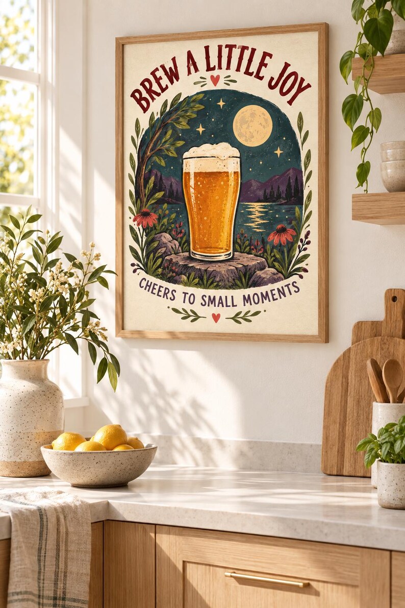 May include: A framed wall art print featuring a glass of golden beer on a rock, surrounded by flowers and a night landscape with a full moon. The text reads BREW A LITTLE JOY at the top and CHEERS TO SMALL MOMENTS at the bottom in dark red and black.