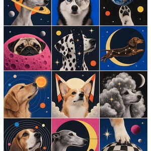Puede incluir: Una cuadr&iacute;cula de doce ilustraciones con varias razas de perros en entornos espaciales. Las im&aacute;genes incluyen perros con planetas, lunas, estrellas y patrones celestiales, representados en fondos azules, rosas y negros con arte gr&aacute;fico.