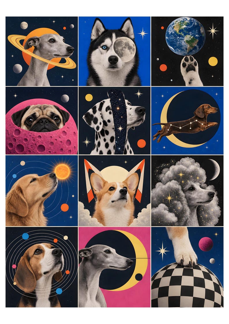 Puede incluir: Una cuadr&iacute;cula de doce ilustraciones con varias razas de perros en entornos espaciales. Las im&aacute;genes incluyen perros con planetas, lunas, estrellas y patrones celestiales, representados en fondos azules, rosas y negros con arte gr&aacute;fico.
