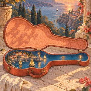 Puede incluir: Un estuche de guitarra marr&oacute;n abierto que presenta una pintura interior surrealista de un pueblo costero mediterr&aacute;neo con un faro y veleros en agua azul, sobre un fondo de atardecer sobre un mar con acantilados y un limonero.