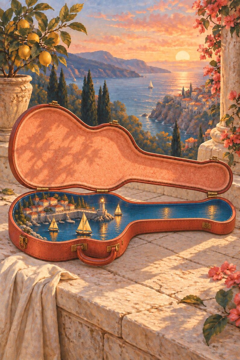 Puede incluir: Un estuche de guitarra marr&oacute;n abierto que presenta una pintura interior surrealista de un pueblo costero mediterr&aacute;neo con un faro y veleros en agua azul, sobre un fondo de atardecer sobre un mar con acantilados y un limonero.