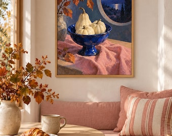 Blue Bowl Harvest Wall Art, Autumn Still Life Painting, A3 Printable Digital Download