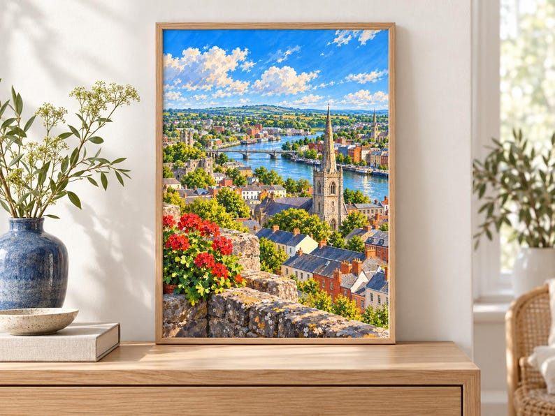 May include: A framed landscape painting depicting a town with a stone church spire, a river, and a bridge under a bright blue sky with white clouds. In the foreground, a stone wall is adorned with vibrant red geranium flowers in full bloom.