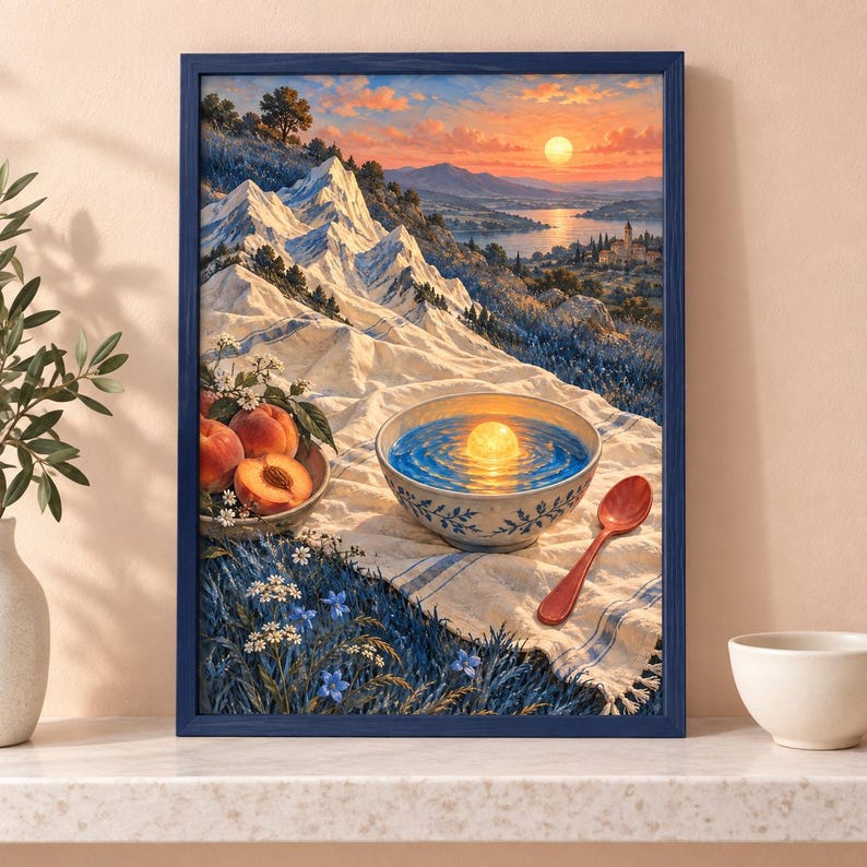Puede incluir: Una impresi&oacute;n art&iacute;stica enmarcada que muestra un paisaje con monta&ntilde;as nevadas, una puesta de sol sobre un lago y, en primer plano, un cuenco de agua con un orbe brillante, un peque&ntilde;o cuenco de melocotones y una cuchara roja sobre tela blanca.