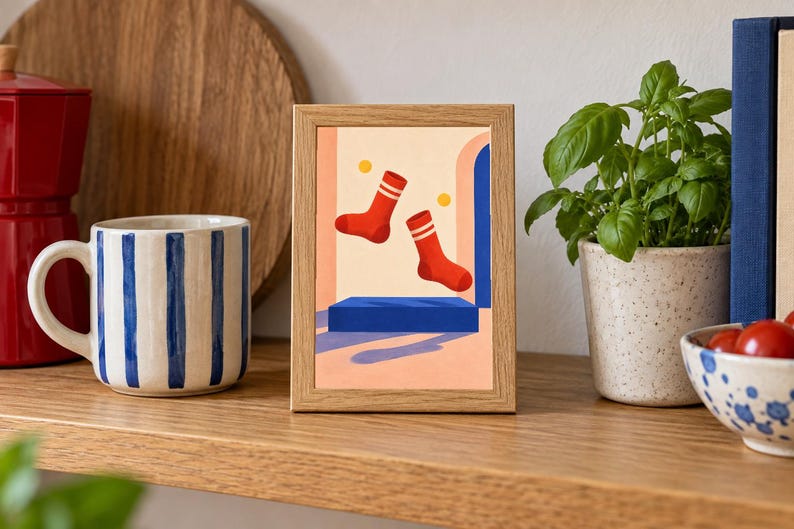 May include: A rectangular wooden frame containing a print of two red socks with white stripes floating above a blue rectangular platform. The background of the print features a light peach wall, a blue archway, and two small yellow circles.