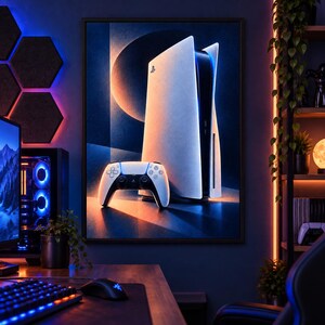 May include: A framed wall art print featuring a white and black game console and a matching wireless controller. The artwork displays a high-contrast design with blue and orange ambient lighting, showcasing the iconic logo on the console front.