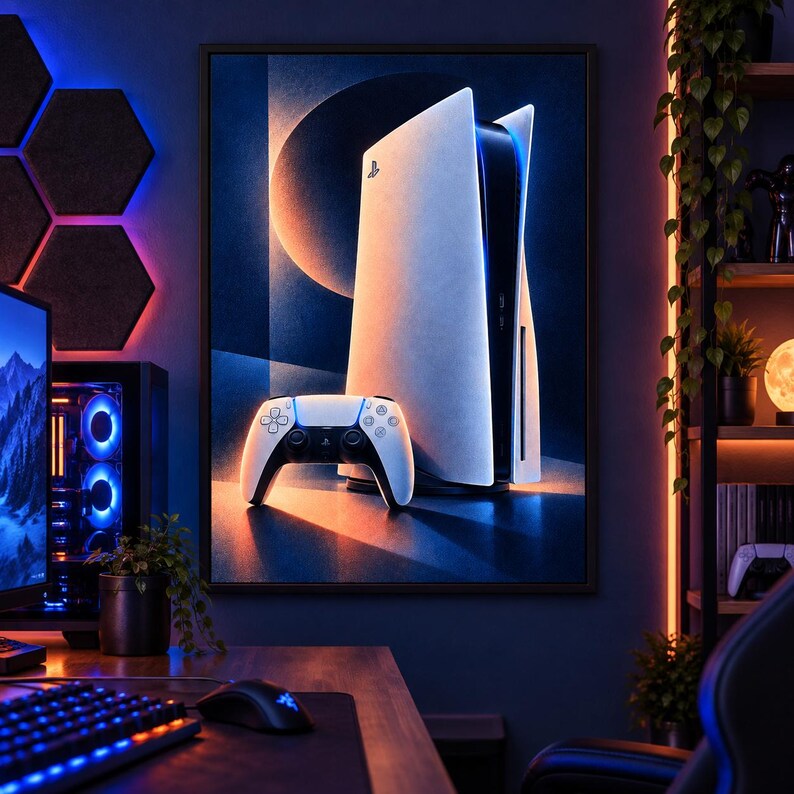 May include: A framed wall art print featuring a white and black game console and a matching wireless controller. The artwork displays a high-contrast design with blue and orange ambient lighting, showcasing the iconic logo on the console front.