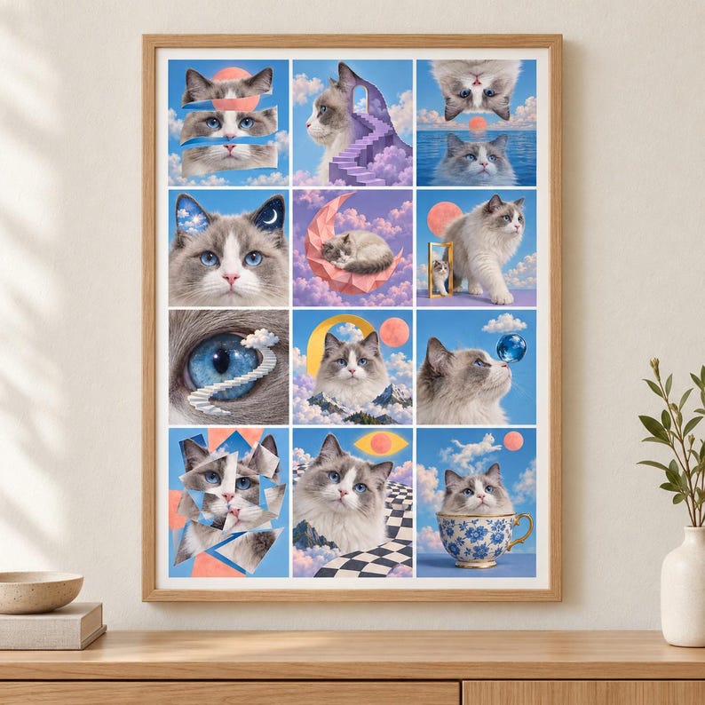 Puede incluir: Una impresi&oacute;n de arte mural enmarcada que presenta una cuadr&iacute;cula de doce ilustraciones surrealistas de un gato esponjoso con ojos azules. Las escenas incluyen gatos con nubes, lunas, escaleras, una taza de t&eacute; y formas geom&eacute;tricas.