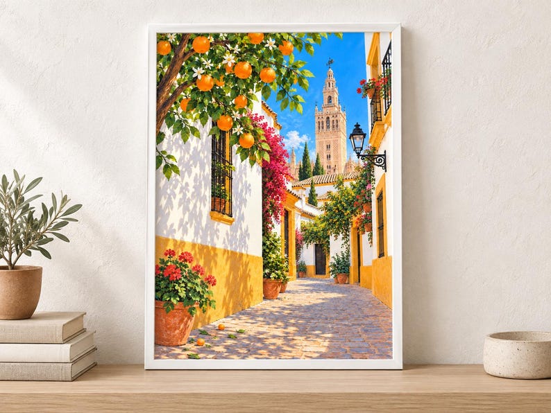 May include: A framed wall art print depicting a sunlit cobblestone street in Seville, Spain. The scene features white buildings with yellow trim, vibrant pink bougainvillea, potted red geraniums, and an orange tree with fruit under a blue sky.
