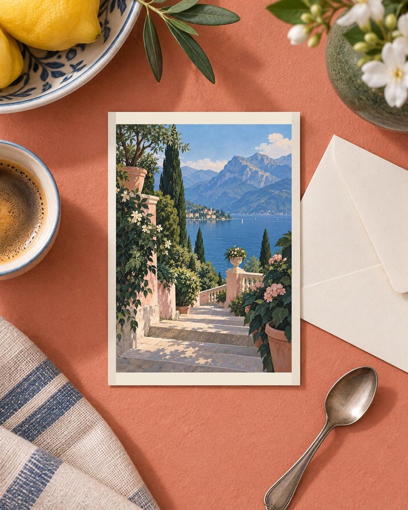 Peut inclure: Une carte postale rectangulaire pr&eacute;sentant une illustration imprim&eacute;e d'un escalier en pierre descendant vers un lac bleu entour&eacute; de montagnes. La sc&egrave;ne comprend des pots en terre cuite avec des plantes vertes, des fleurs roses et des cypr&egrave;s.