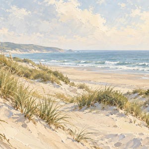 May include: A coastal landscape painting featuring light beige sand dunes covered in patches of tall green beach grass. The background shows a blue ocean with white-capped waves meeting a sandy shoreline under a soft, pale, cloudy sky.