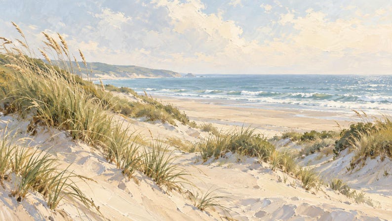May include: A coastal landscape painting featuring light beige sand dunes covered in patches of tall green beach grass. The background shows a blue ocean with white-capped waves meeting a sandy shoreline under a soft, pale, cloudy sky.