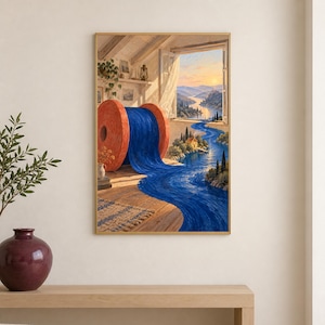 Op de afbeelding: Een ingelijste kunstdruk met een grote oranje klos blauwe draad op een houten vloer in een kamer. De blauwe draad stroomt uit de klos, door een open raam naar buiten en verandert in een kronkelende rivier in een landschap.