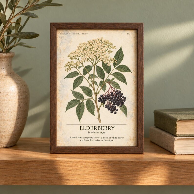 May include: A framed botanical print featuring an illustration of an elderberry plant with white flower clusters and dark purple berries. The text reads: HERBARIUM MEDICINAL PLANTS, ELDERBERRY, Sambucus nigra, and a description of the plant.