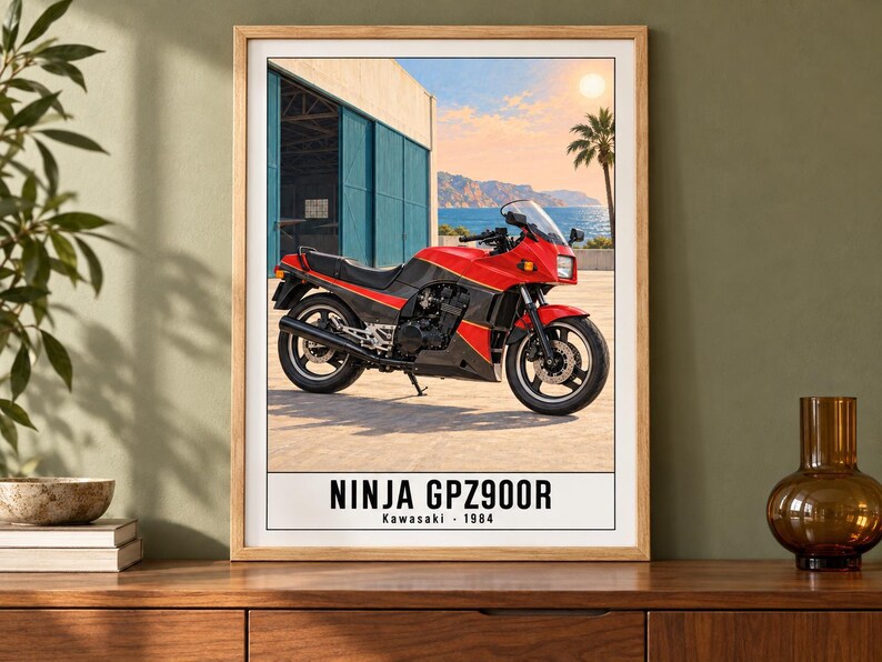 May include: A framed poster featuring a red and black Kawasaki Ninja GPZ900R motorcycle parked in front of a blue industrial building near the ocean. The text at the bottom reads NINJA GPZ900R Kawasaki 1984 in a clean, bold, black font.