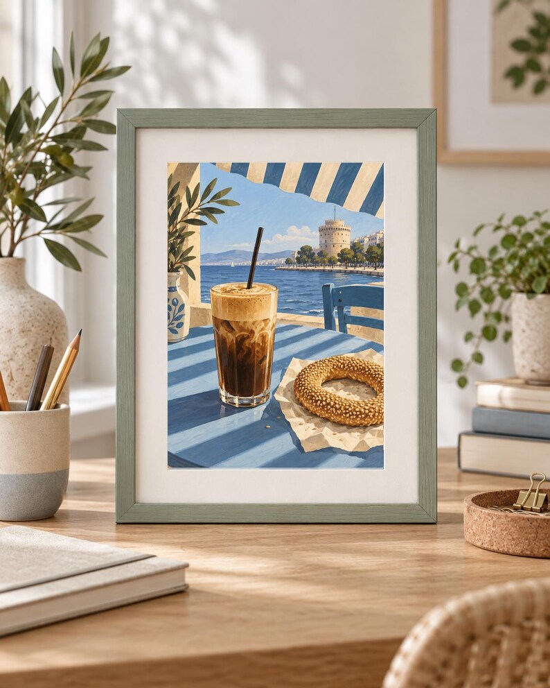May include: A framed art print depicting a seaside scene with a glass of iced coffee and a sesame bagel on a blue table. In the background, a coastal city skyline features a prominent white cylindrical tower under a clear blue sky.