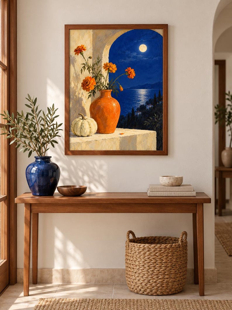 Puede incluir: Una impresi&oacute;n de arte mural enmarcada que representa una escena nocturna con luna llena sobre un mar azul oscuro. Un jarr&oacute;n naranja lleno de flores de cempas&uacute;chil naranjas y una calabaza blanca sobre una repisa de piedra bajo un arco.