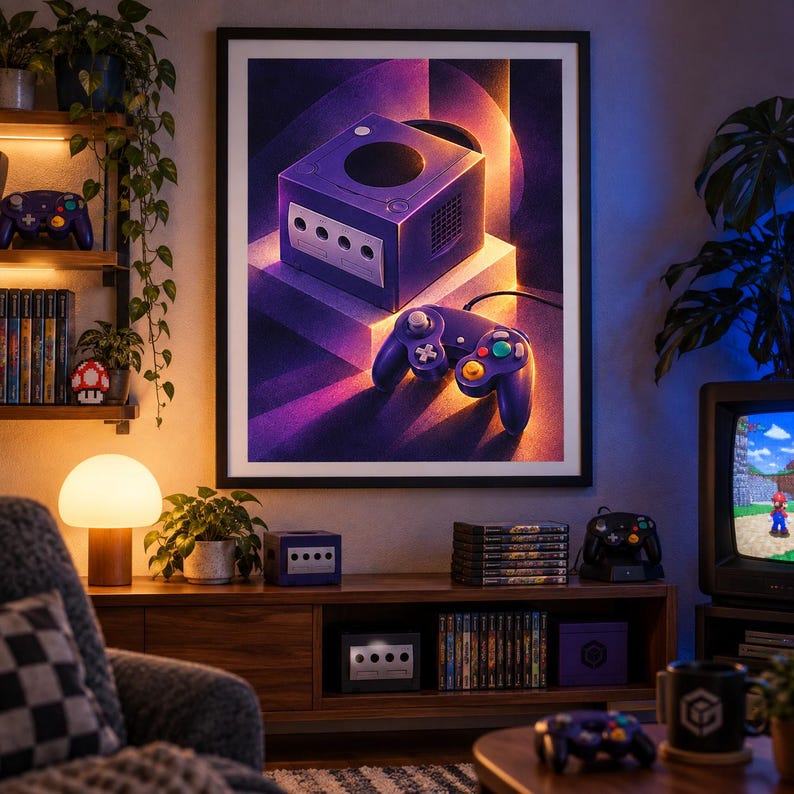 Op de afbeelding: Een ingelijste muurkunstprint met een paarse videogameconsole en een bijpassende controller, verlicht door warm oranje en koel paars licht. Het kunstwerk wordt getoond in een kamer met een houten mediameubel, gamehoesjes en een televisie.