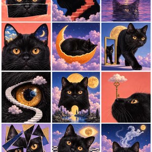 May include: A collage of twelve surreal illustrations featuring black cats with amber eyes in various dreamlike settings, including a cat sleeping in a crescent moon, a cat walking past a mirror, and a cat peeking out from a floral teacup.
