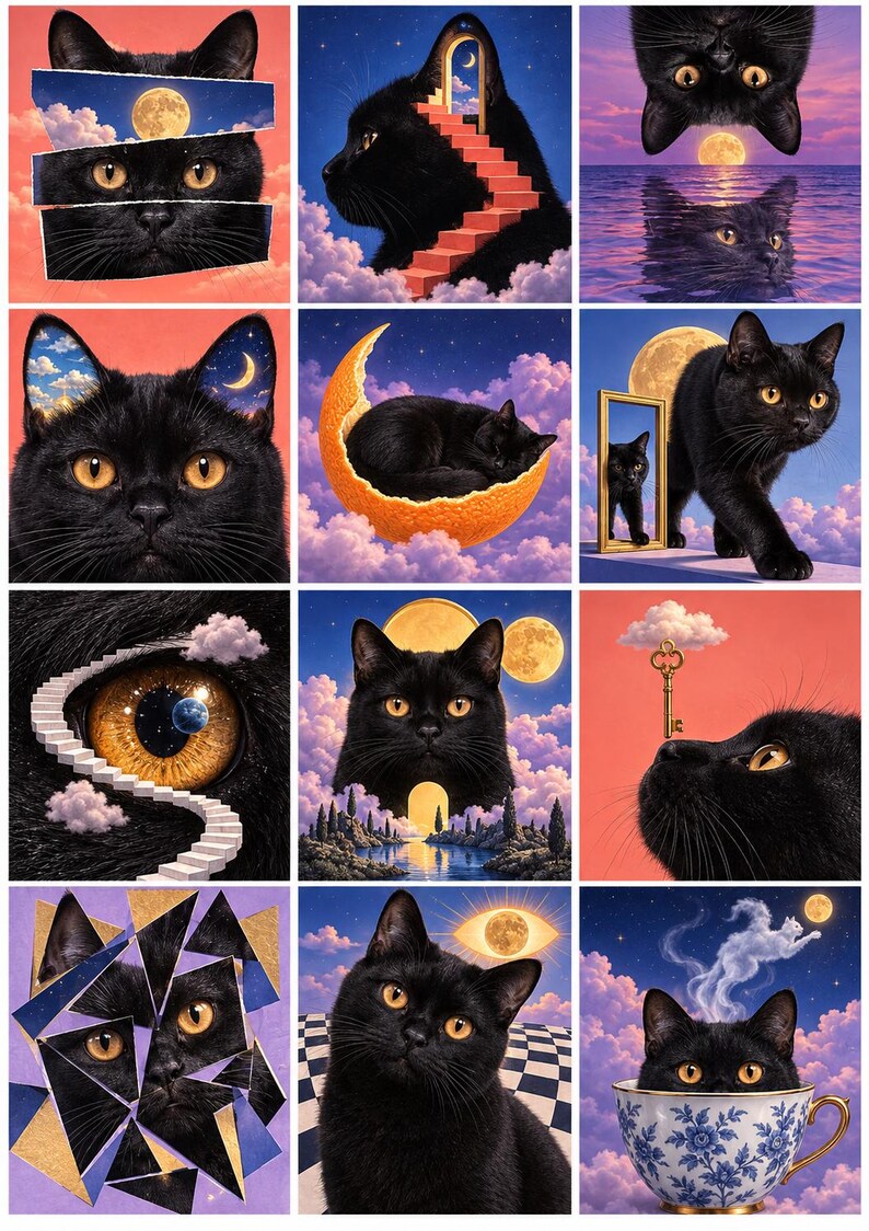 May include: A collage of twelve surreal illustrations featuring black cats with amber eyes in various dreamlike settings, including a cat sleeping in a crescent moon, a cat walking past a mirror, and a cat peeking out from a floral teacup.