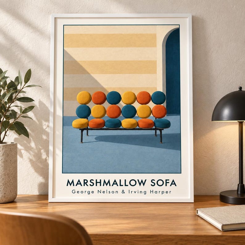 May include: A framed art print featuring a Marshmallow Sofa by George Nelson & Irving Harper. The illustration depicts a sofa with circular cushions in yellow, orange, and blue, set against a striped wall and a blue floor with an arched doorway.