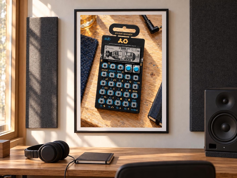 Op de afbeelding: Een zwarte pocket operator synthesizer met een digitaal LCD-scherm met een onderzeebootafbeelding, twee blauwe draaiknoppen en een raster van kleine ronde knoppen met labels voor diverse muziekfuncties en de tekst sub en pocket operator.