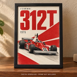 May include: A framed poster featuring a red Ferrari 312T Formula One race car from 1975. The artwork displays the text FERRARI 312T 1975 in bold red letters above the car, which bears the number 12 on its front nose and side body panels.