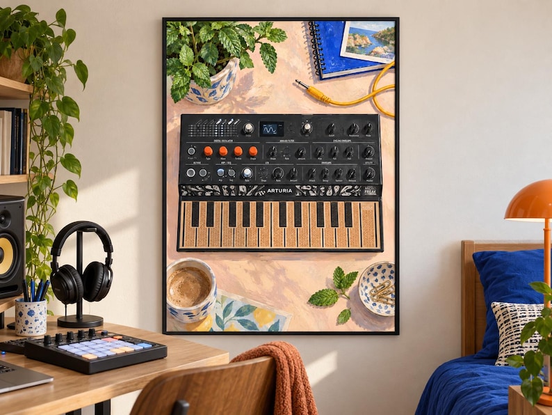 May include: A framed wall art print featuring a digital illustration of a black Arturia synthesizer with orange knobs and a cork-textured keyboard. The scene includes a potted plant, a blue notebook, a yellow cable, a coffee mug, and paper clips.