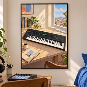May include: A framed wall art print depicting a black Roland D-50 synthesizer keyboard resting on a wooden desk. The scene includes a coffee mug and a book, with a window view of a city skyline under a blue sky, all rendered in a warm, sunlit style.