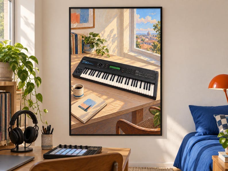 May include: A framed wall art print depicting a black Roland D-50 synthesizer keyboard resting on a wooden desk. The scene includes a coffee mug and a book, with a window view of a city skyline under a blue sky, all rendered in a warm, sunlit style.