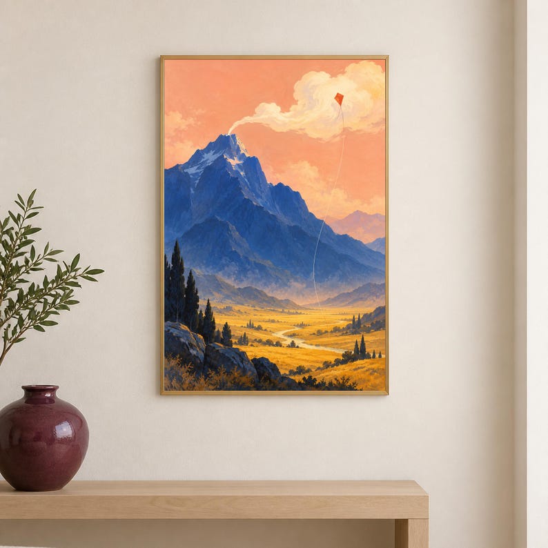 May include: A vertical wall art print depicting a landscape with a large, dark blue mountain range under a soft peach-coloured sky. A small red kite flies near a cloud formation above the peaks, overlooking a golden yellow valley with trees.
