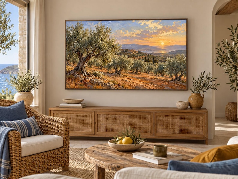 May include: A rectangular wall-mounted television displaying a landscape painting of an olive grove at sunset with golden light, rolling hills, and a distant body of water, positioned above a long wooden media console with cane paneling.