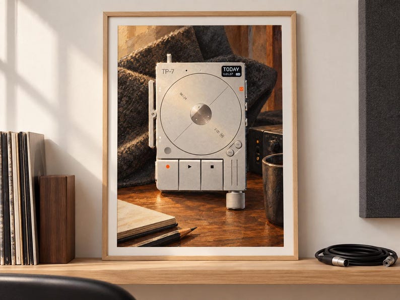 May include: A framed print featuring a silver TP-7 field recorder with a circular central dial, square playback buttons, and a small digital display showing the text TODAY. The device has a metallic finish and is presented in a light wood frame.