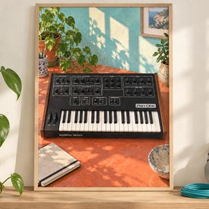 Pu&ograve; includere: Un sintetizzatore analogico nero Sequential Circuits Pro-One con cornice in legno, dotato di tastiera, numerose manopole di controllo e interruttori. Il sintetizzatore &egrave; mostrato in una stampa incorniciata, che ne evidenzia l'interfaccia.