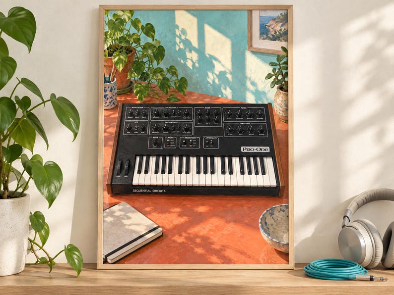 Pu&ograve; includere: Un sintetizzatore analogico nero Sequential Circuits Pro-One con cornice in legno, dotato di tastiera, numerose manopole di controllo e interruttori. Il sintetizzatore &egrave; mostrato in una stampa incorniciata, che ne evidenzia l'interfaccia.