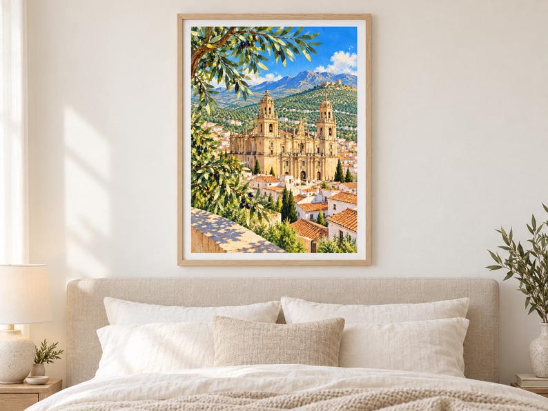 May include: A framed vertical wall art print depicting a sunlit Mediterranean landscape with a large stone cathedral featuring two towers, surrounded by white buildings with terracotta roofs, set against blue mountains and an olive tree branch.