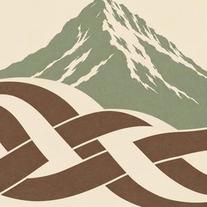 K&ouml;nnte beinhalten: Ein Grafikdruck mit einem stilisierten gr&uuml;nen Berg mit wei&szlig;en Schneeakzenten &uuml;ber einem komplexen keltischen Knotenmuster in Braun und Creme. Das Wort DONEGAL ist in einer einfachen Serifenschrift am unteren Rand des Bildes gedruckt.