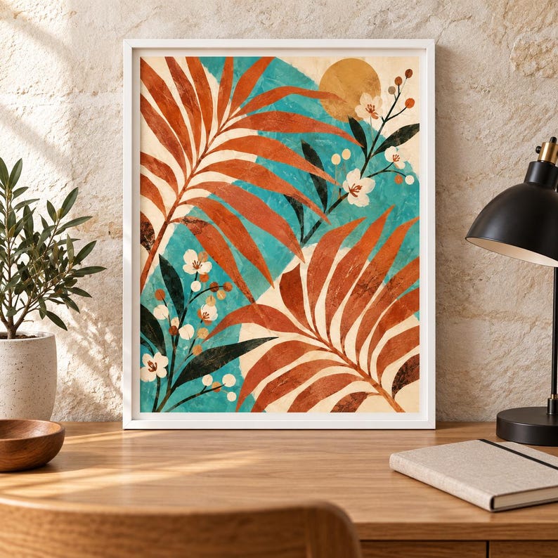 May include: A framed wall art print featuring a vibrant composition of large, rust-colored palm leaves set against a textured teal background. The artwork includes delicate white floral sprigs with small berries and a circular golden sun element.