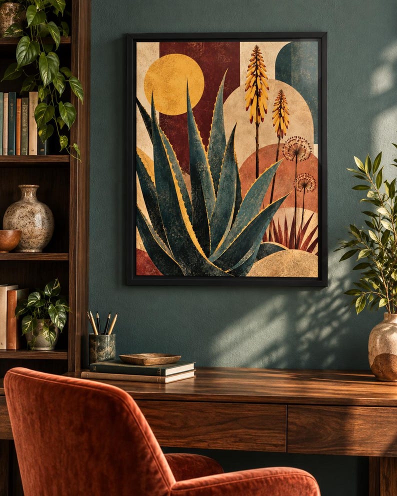 Pu&ograve; includere: Una stampa artistica da parete incorniciata raffigurante una grande pianta di agave verde scuro con bordi gialli, due alti steli di fiori gialli e due capolini simili a denti di leone su uno sfondo di cerchi e rettangoli geometrici in tonalit&agrave; rosso e oro.