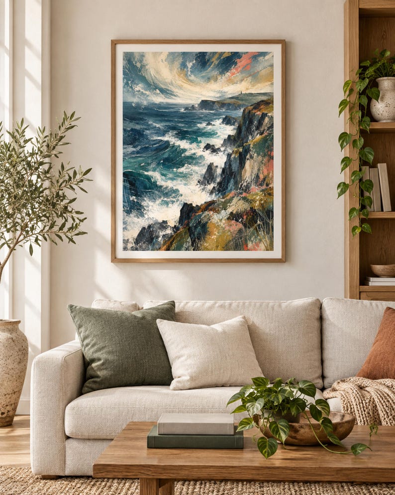 May include: A framed wall art print depicting a turbulent ocean scene with crashing waves against dark, jagged cliffs under a swirling, dramatic sky. The painting features deep blues, teals, and earthy tones of green, brown, and soft pink highlights.