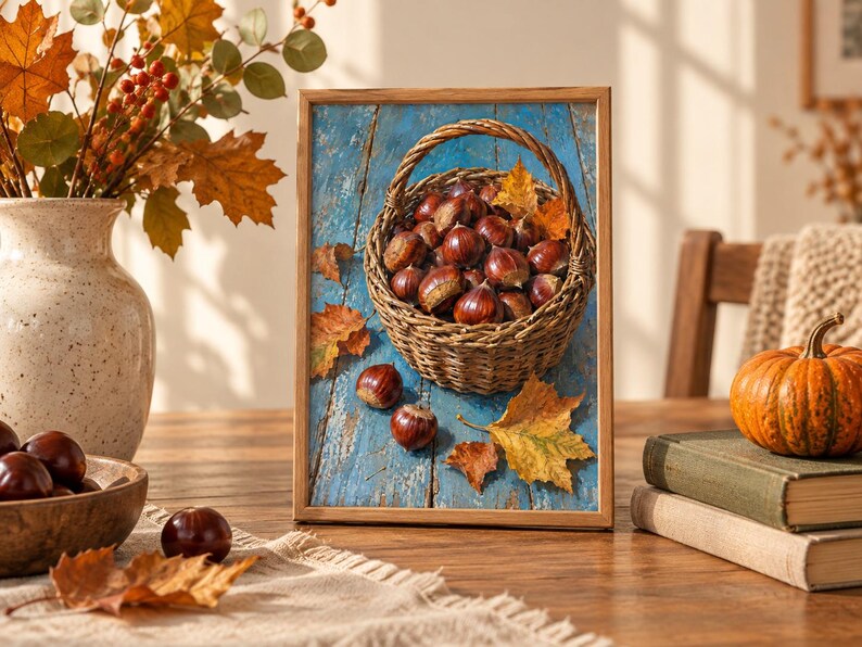 May include: A rectangular framed print featuring a woven wicker basket filled with brown chestnuts resting on a weathered blue wooden surface. Several loose chestnuts and fallen autumn leaves in shades of yellow and orange are scattered around the basket.
