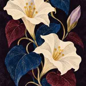 Puede incluir: Una ilustraci&oacute;n bot&aacute;nica que muestra dos grandes flores de color crema en forma de trompeta con estambres amarillos, un capullo cerrado, hojas en forma de coraz&oacute;n de color azul profundo y granate oscuro, y tallos sobre fondo morado.