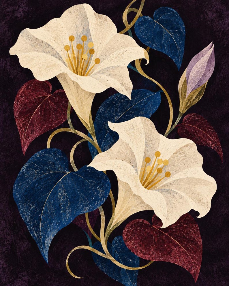 Puede incluir: Una ilustraci&oacute;n bot&aacute;nica que muestra dos grandes flores de color crema en forma de trompeta con estambres amarillos, un capullo cerrado, hojas en forma de coraz&oacute;n de color azul profundo y granate oscuro, y tallos sobre fondo morado.