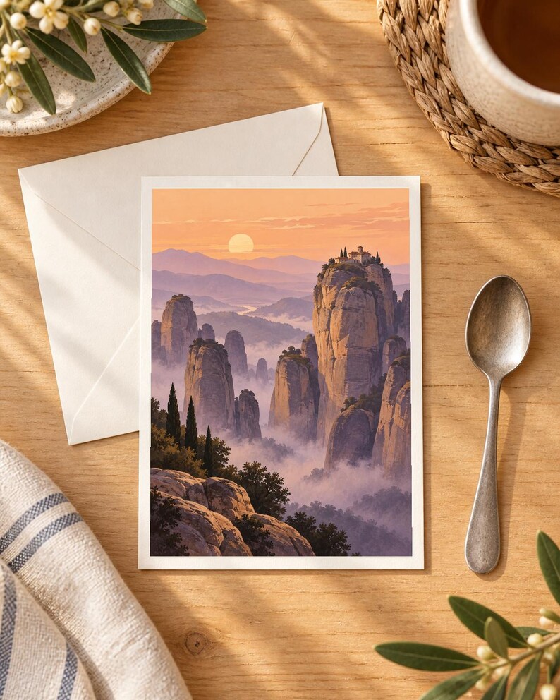 Pu&ograve; includere: Una stampa artistica rettangolare con un'illustrazione paesaggistica di alti pilastri rocciosi che si ergono sopra una valle nebbiosa al tramonto. La scena include un piccolo edificio sulla cima pi&ugrave; alta sotto un cielo dai toni aranciati.