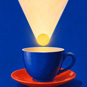 Puede incluir: Una taza de t&eacute; de cer&aacute;mica azul descansa sobre un platillo naranja vibrante contra un fondo azul intenso. Sobre la taza, una fuente de luz circular de color amarillo brillante emite un haz de luz triangular que ilumina el interior.