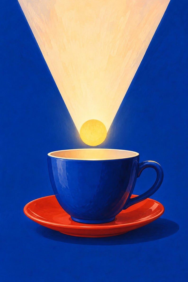 Puede incluir: Una taza de t&eacute; de cer&aacute;mica azul descansa sobre un platillo naranja vibrante contra un fondo azul intenso. Sobre la taza, una fuente de luz circular de color amarillo brillante emite un haz de luz triangular que ilumina el interior.